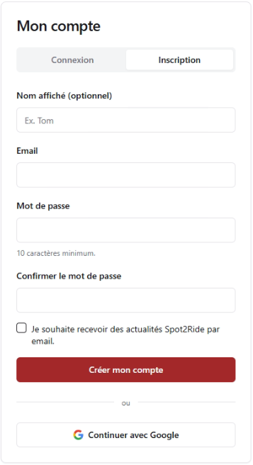 Écran de création de compte Spot2Ride